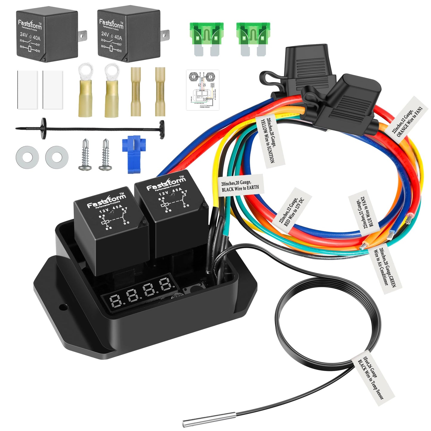 FASTSTORM Digital Radiator Fan Switch Kit 12V/24V, Adjustable 104F-230F w/Dual Electric Fan Switch Kit Replace #0444, Dual Fan C